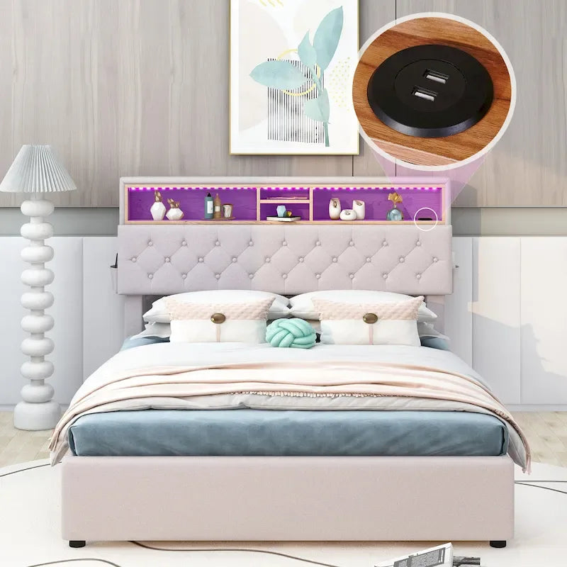 Full Size Upholstered Platform Bed with LED, USB Charging and 2 Drawers