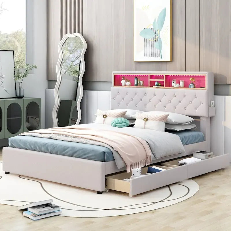 Full Size Upholstered Platform Bed with LED, USB Charging and 2 Drawers