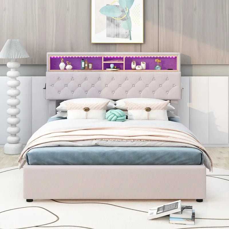 Full Size Upholstered Platform Bed with LED, USB Charging and 2 Drawers