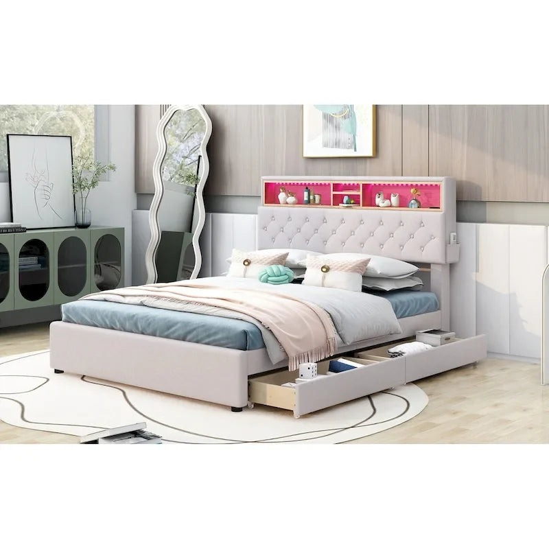 Full Size Upholstered Platform Bed with LED, USB Charging and 2 Drawers