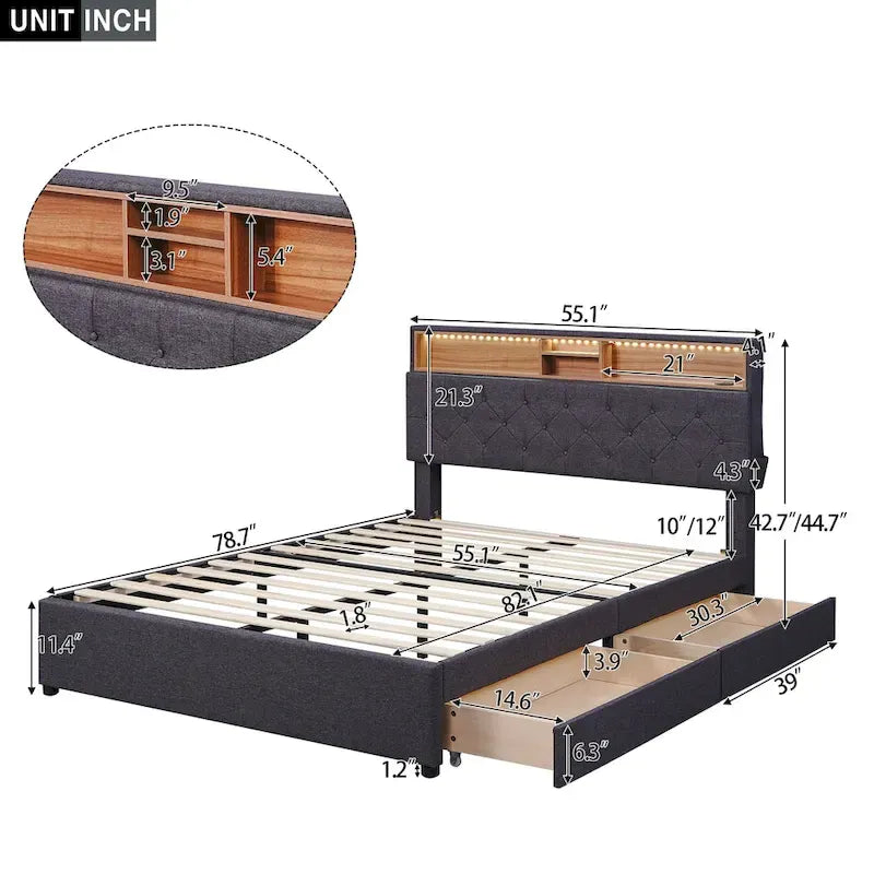 Full Size Upholstered Platform Bed with LED, USB Charging and 2 Drawers