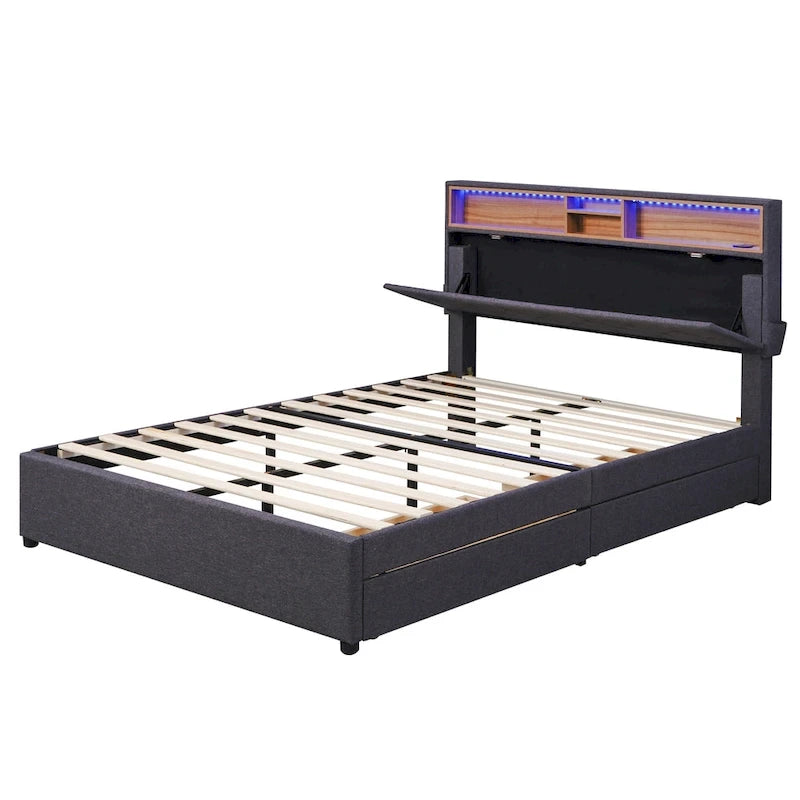 Full Size Upholstered Platform Bed with LED, USB Charging and 2 Drawers