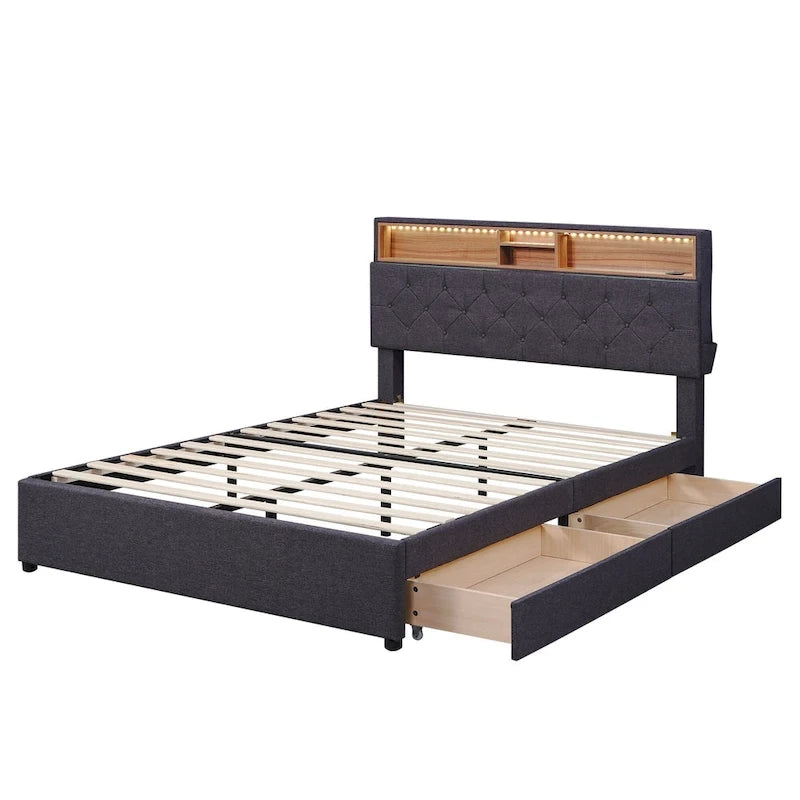 Full Size Upholstered Platform Bed with LED, USB Charging and 2 Drawers
