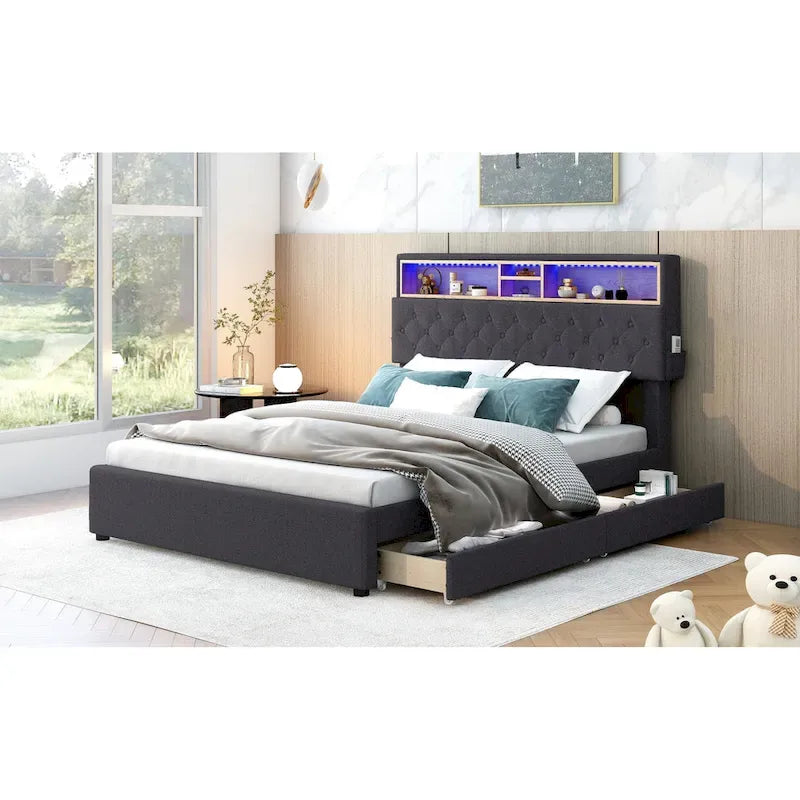 Full Size Upholstered Platform Bed with LED, USB Charging and 2 Drawers