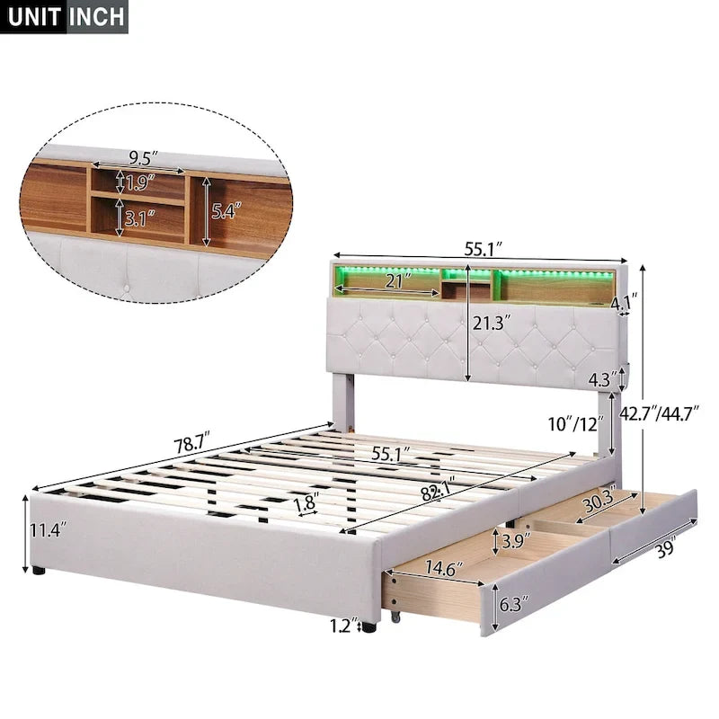 Full Size Upholstered Platform Bed with LED, USB Charging and 2 Drawers