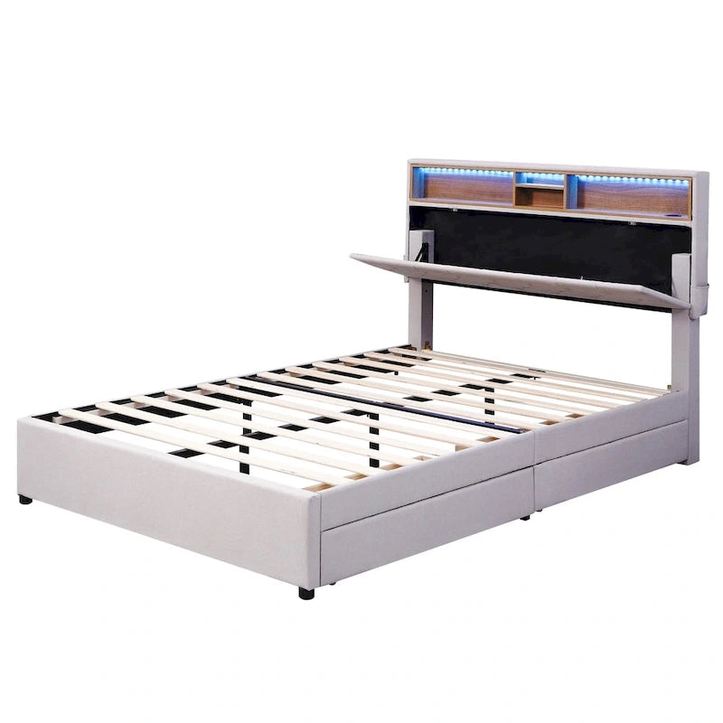Full Size Upholstered Platform Bed with LED, USB Charging and 2 Drawers