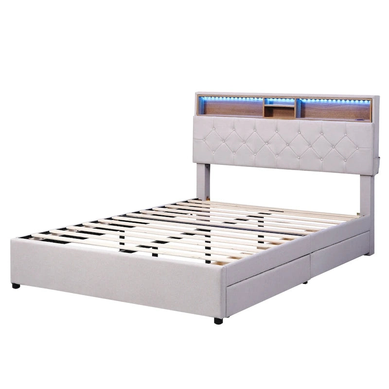 Full Size Upholstered Platform Bed with LED, USB Charging and 2 Drawers
