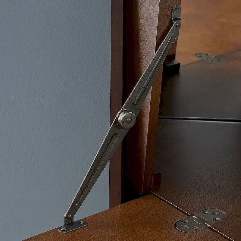 Dark Tobacco Geometric Corner Bar Cabinet with Mirrored Interior and Fold-Down Countertop