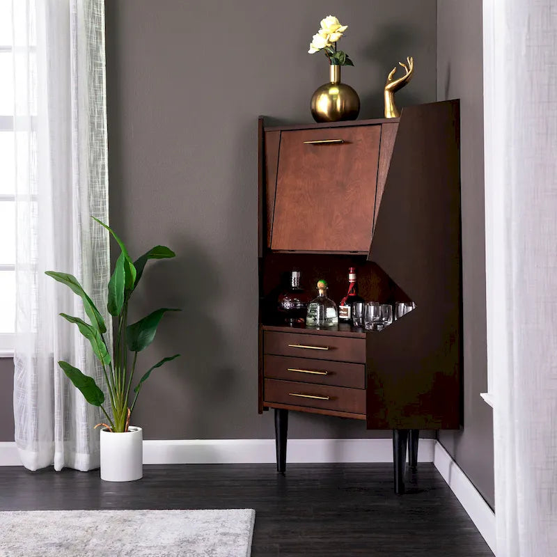 Dark Tobacco Geometric Corner Bar Cabinet with Mirrored Interior and Fold-Down Countertop