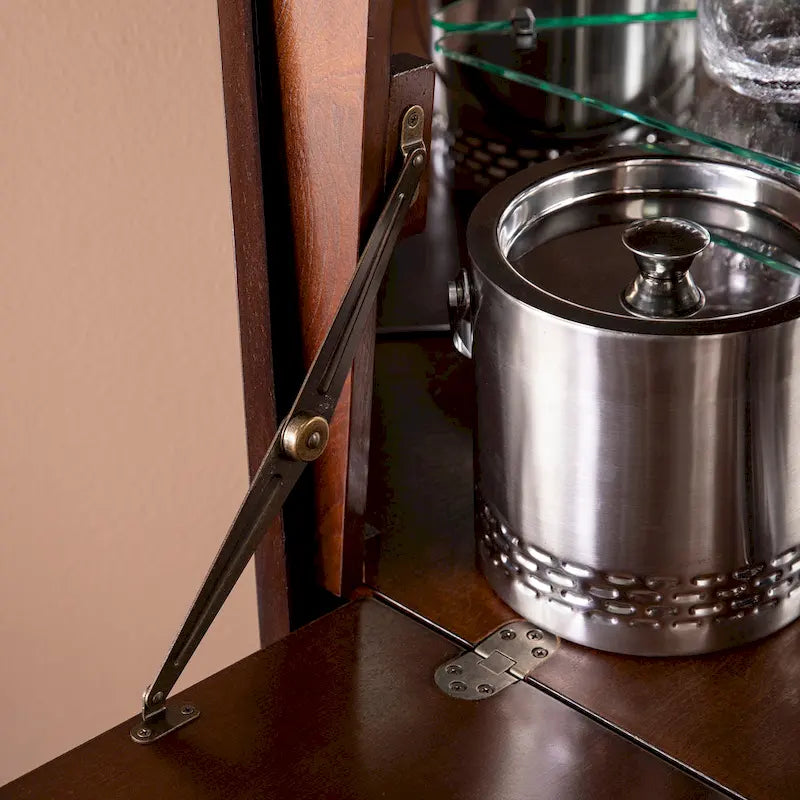 Dark Tobacco Geometric Corner Bar Cabinet with Mirrored Interior and Fold-Down Countertop