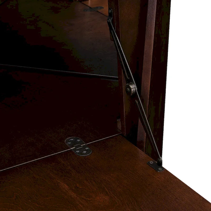 Dunkel-tabakfarbener geometrischer Eck-Barschrank mit verspiegeltem Innenraum und herunterklappbarer Arbeitsfläche