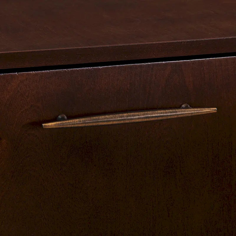 Dunkel-tabakfarbener geometrischer Eck-Barschrank mit verspiegeltem Innenraum und herunterklappbarer Arbeitsfläche