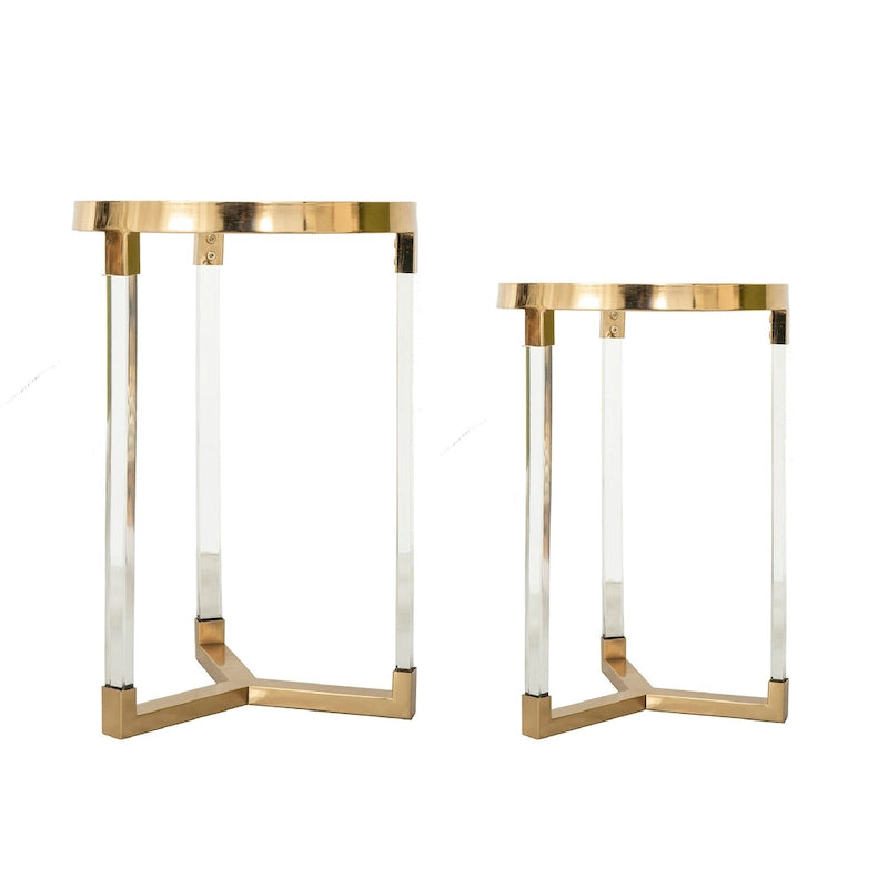 Acrylic and Iron Round Accent Tables with Gold Frame - Set of 2