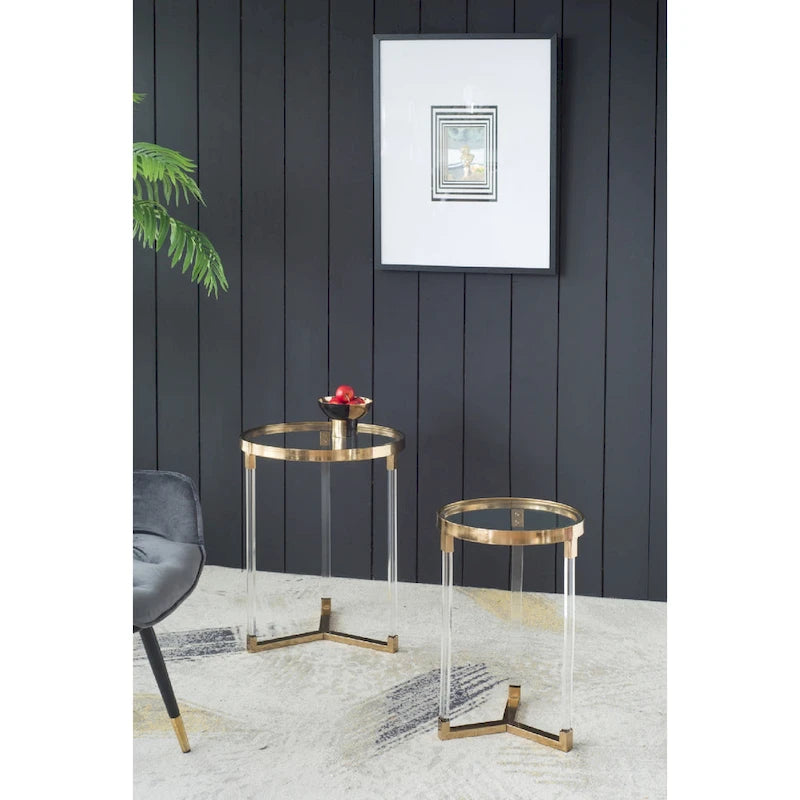 Runde Beistelltische aus Acryl und Eisen mit goldenem Gestell - 2er-Set