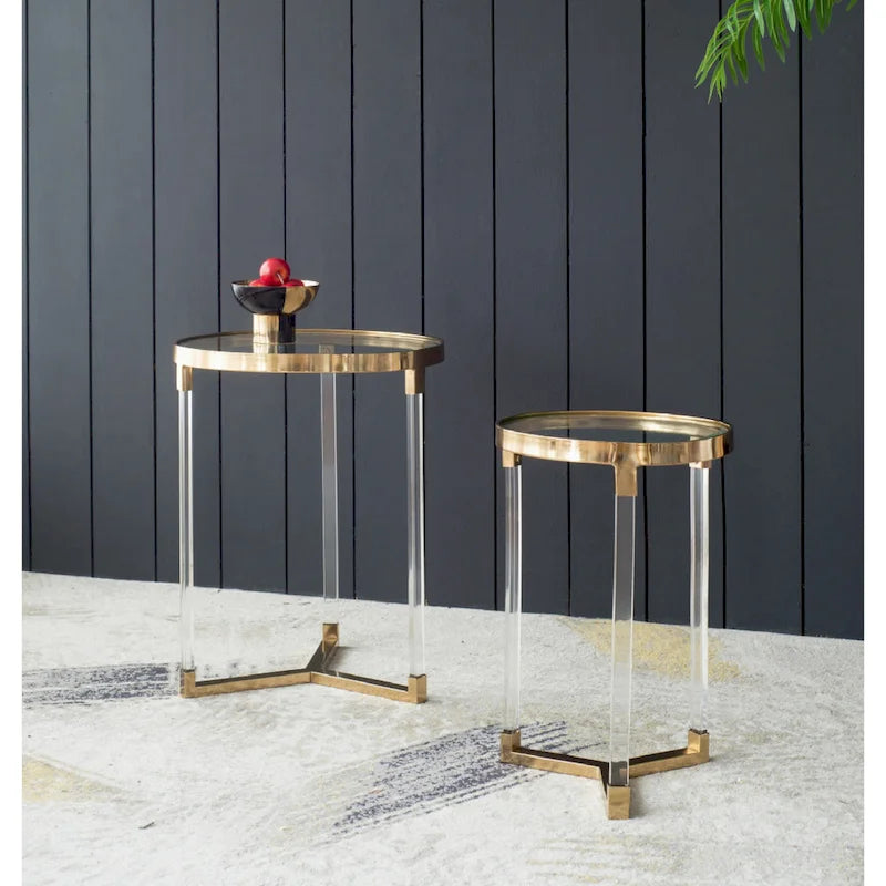 Acrylic and Iron Round Accent Tables with Gold Frame - Set of 2