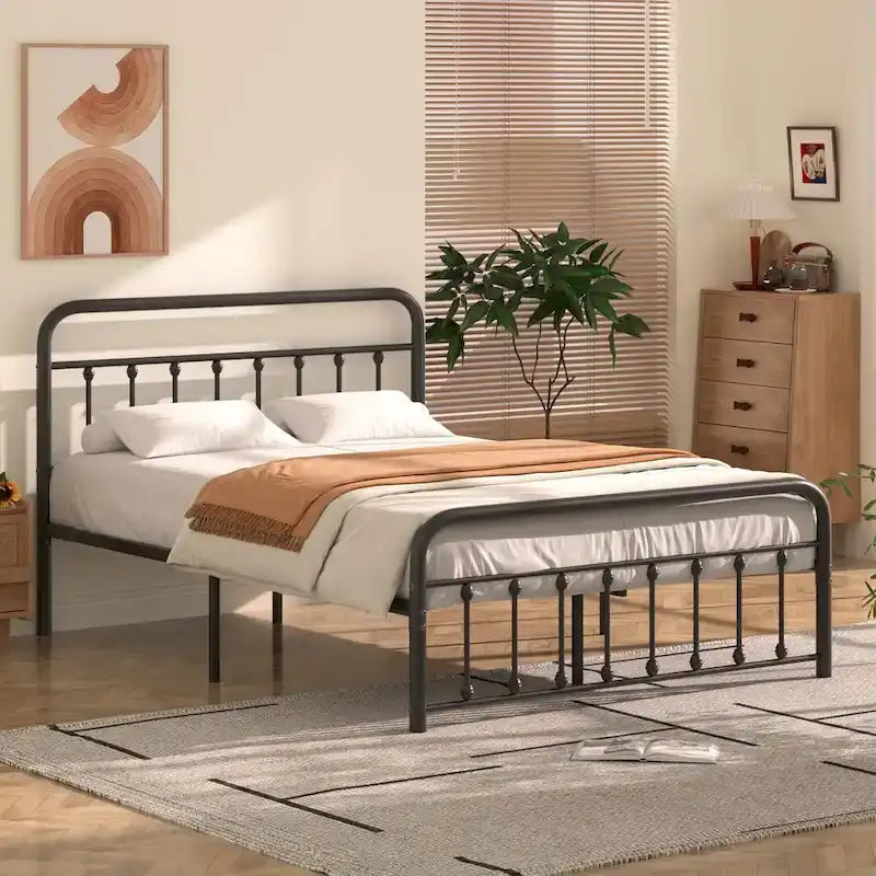 Black Metal Bed Frame with Vintage Headboard and Footboard