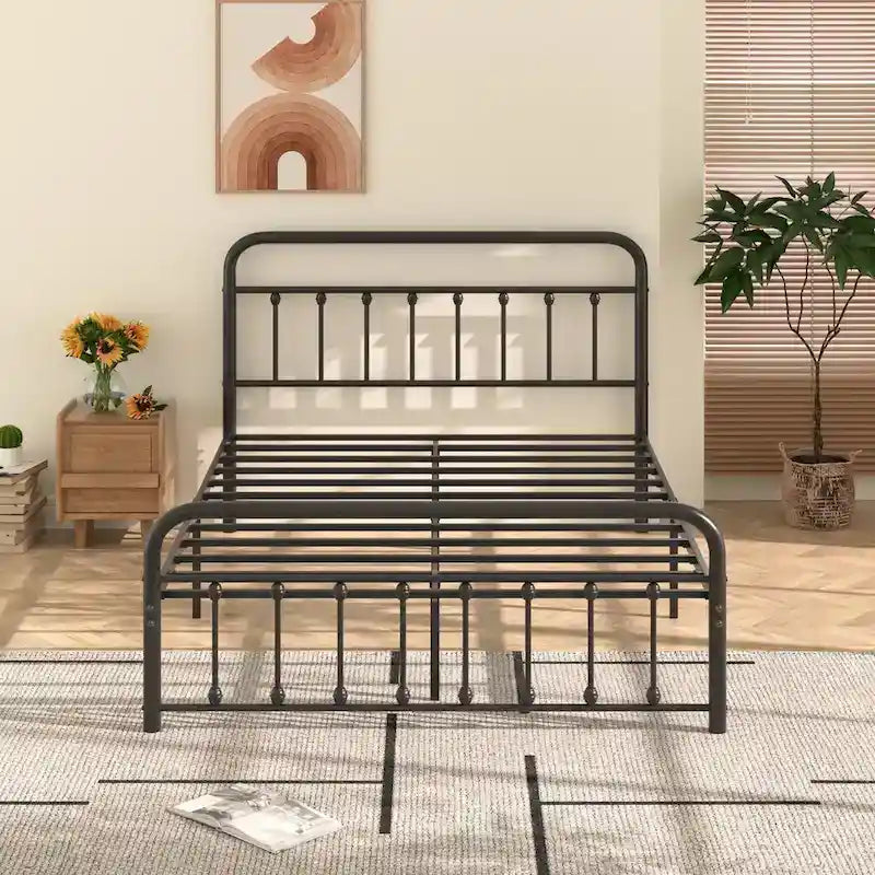 Black Metal Bed Frame with Vintage Headboard and Footboard