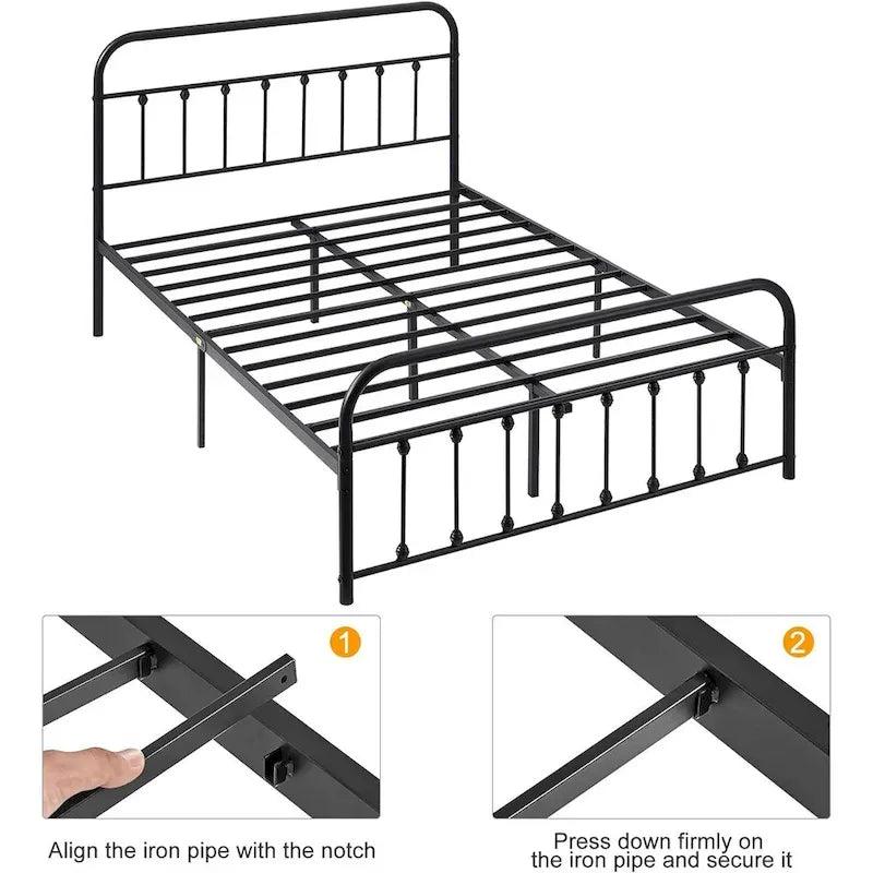 Black Metal Bed Frame with Vintage Headboard and Footboard