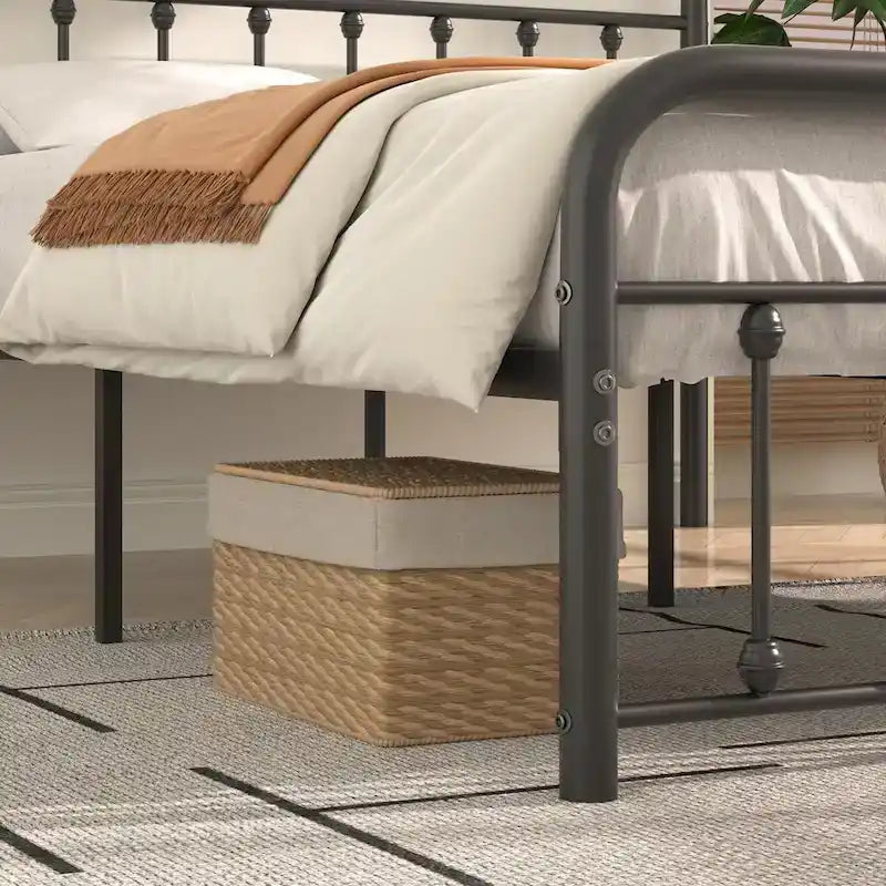 Black Metal Bed Frame with Vintage Headboard and Footboard