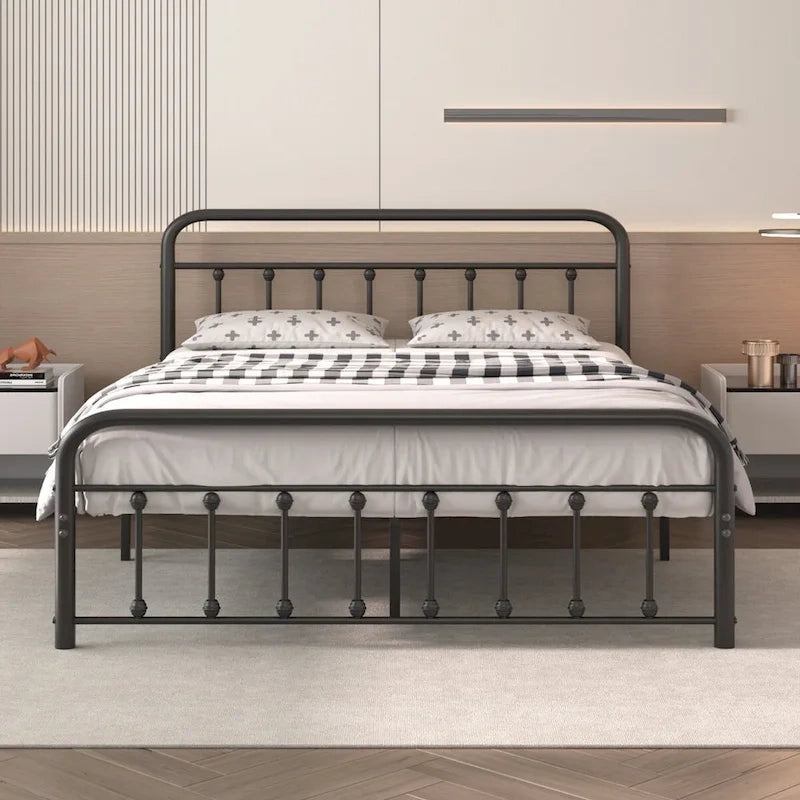 Black Metal Bed Frame with Vintage Headboard and Footboard