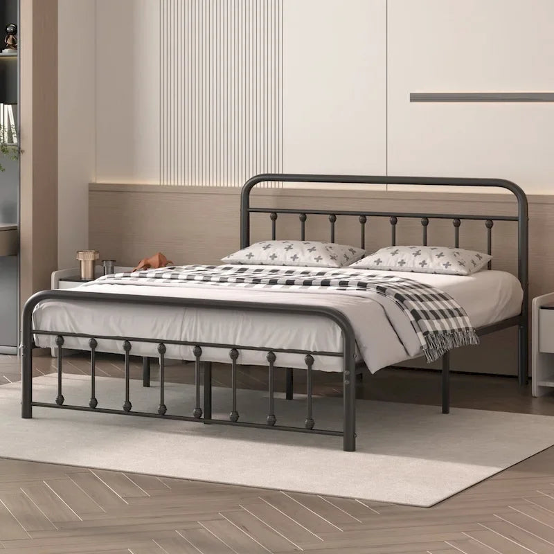 Black Metal Bed Frame with Vintage Headboard and Footboard