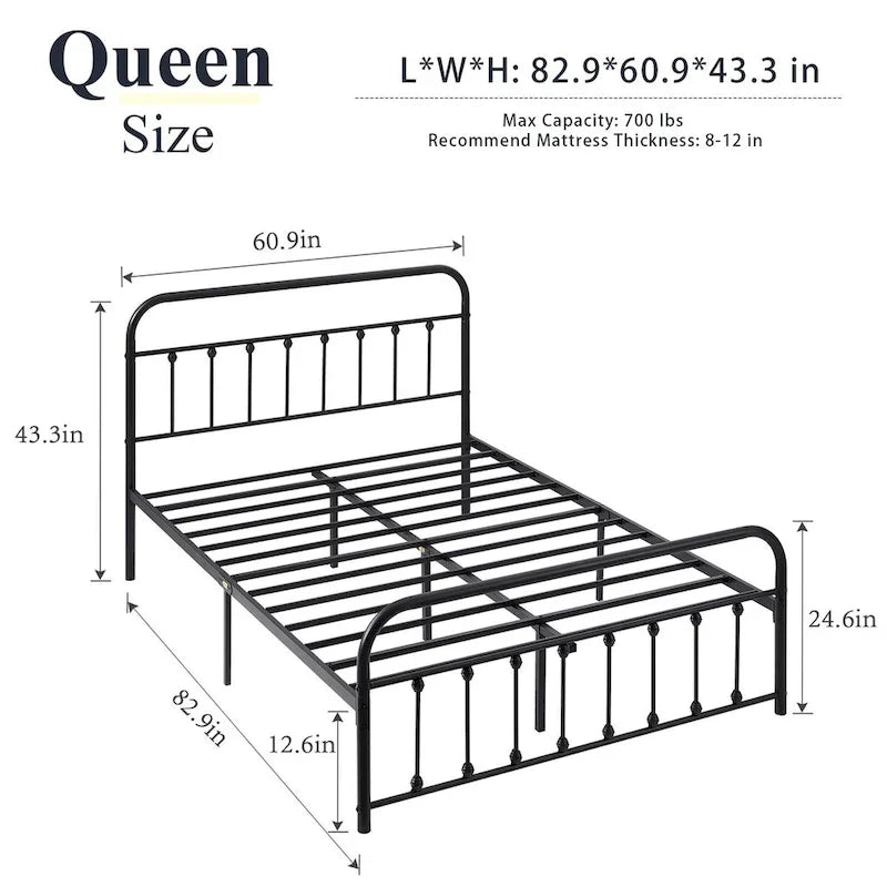 Black Metal Bed Frame with Vintage Headboard and Footboard