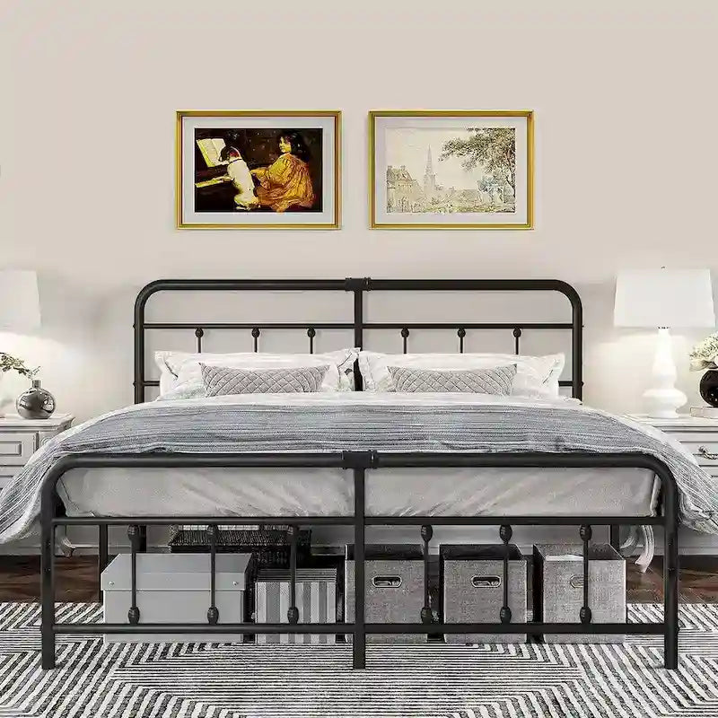 Black Metal Bed Frame with Vintage Headboard and Footboard