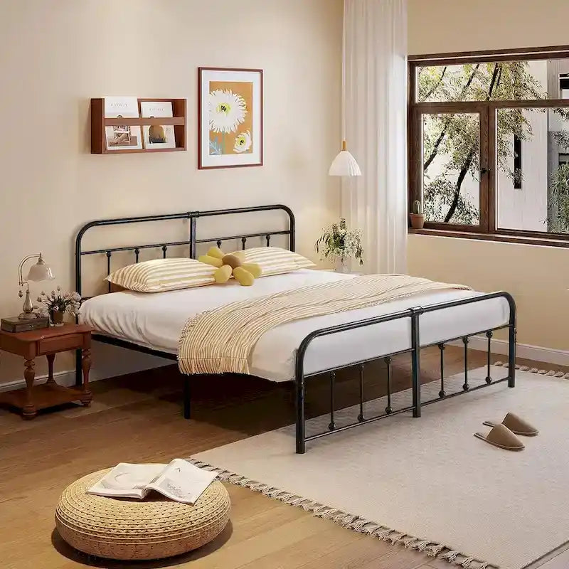 Black Metal Bed Frame with Vintage Headboard and Footboard