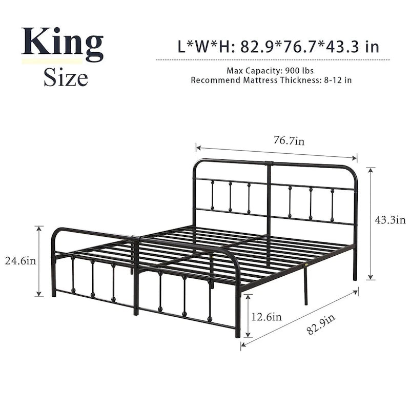 Black Metal Bed Frame with Vintage Headboard and Footboard