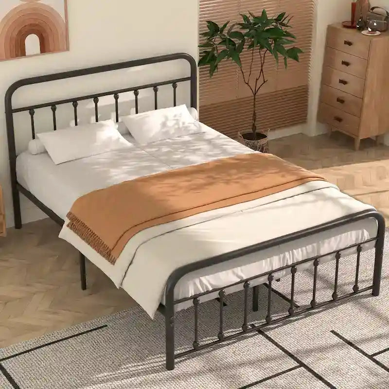 Black Metal Bed Frame with Vintage Headboard and Footboard
