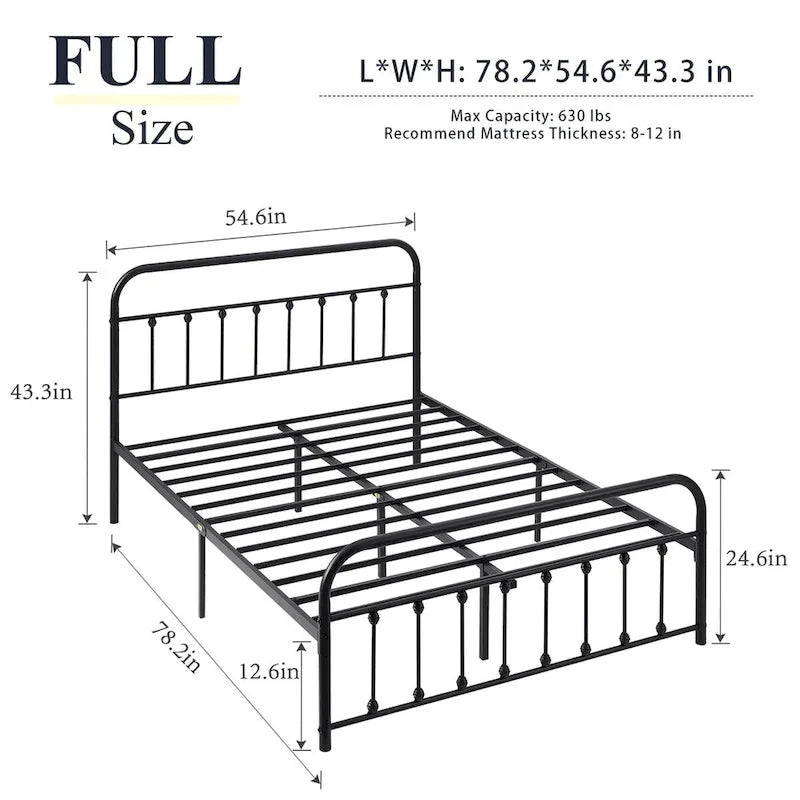 Black Metal Bed Frame with Vintage Headboard and Footboard