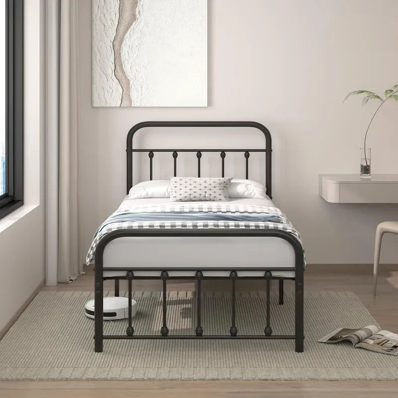 Black Metal Bed Frame with Vintage Headboard and Footboard