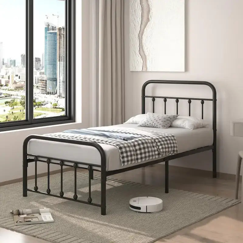 Black Metal Bed Frame with Vintage Headboard and Footboard