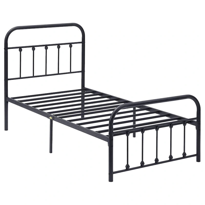 Black Metal Bed Frame with Vintage Headboard and Footboard
