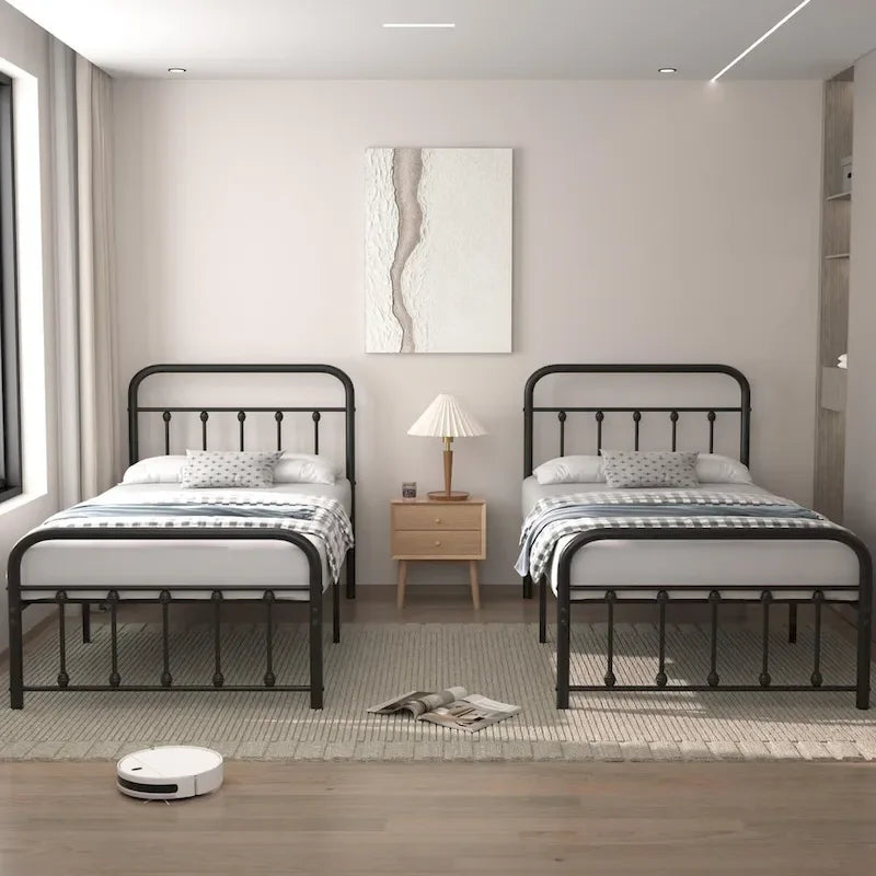 Black Metal Bed Frame with Vintage Headboard and Footboard