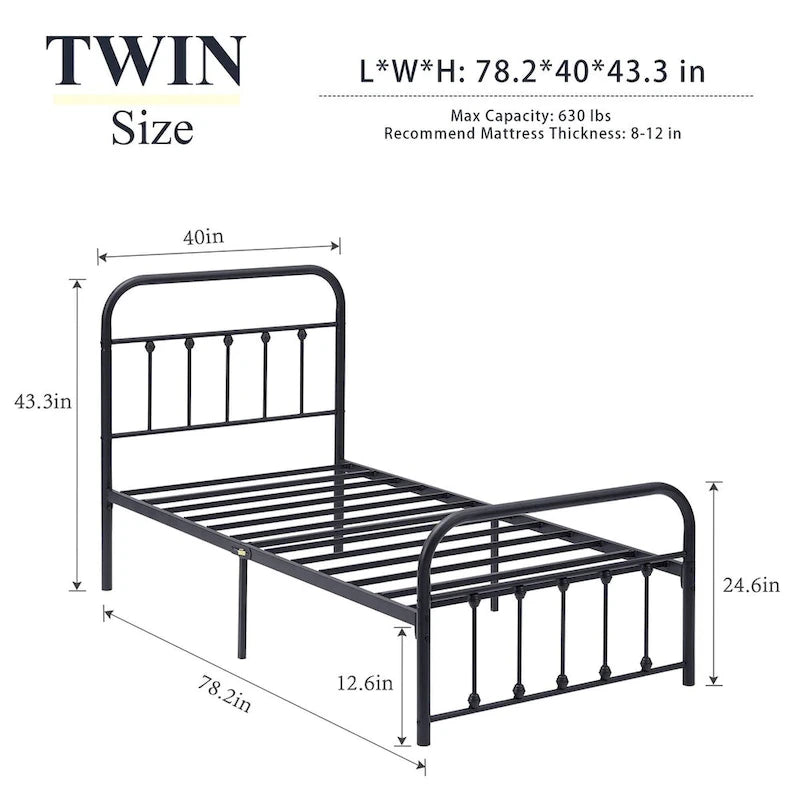 Black Metal Bed Frame with Vintage Headboard and Footboard