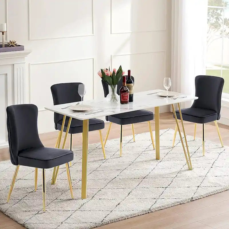 Chaises de salle à manger à dossier haut avec boutons capitonnés en velours et pieds en métal doré (lot de 2)