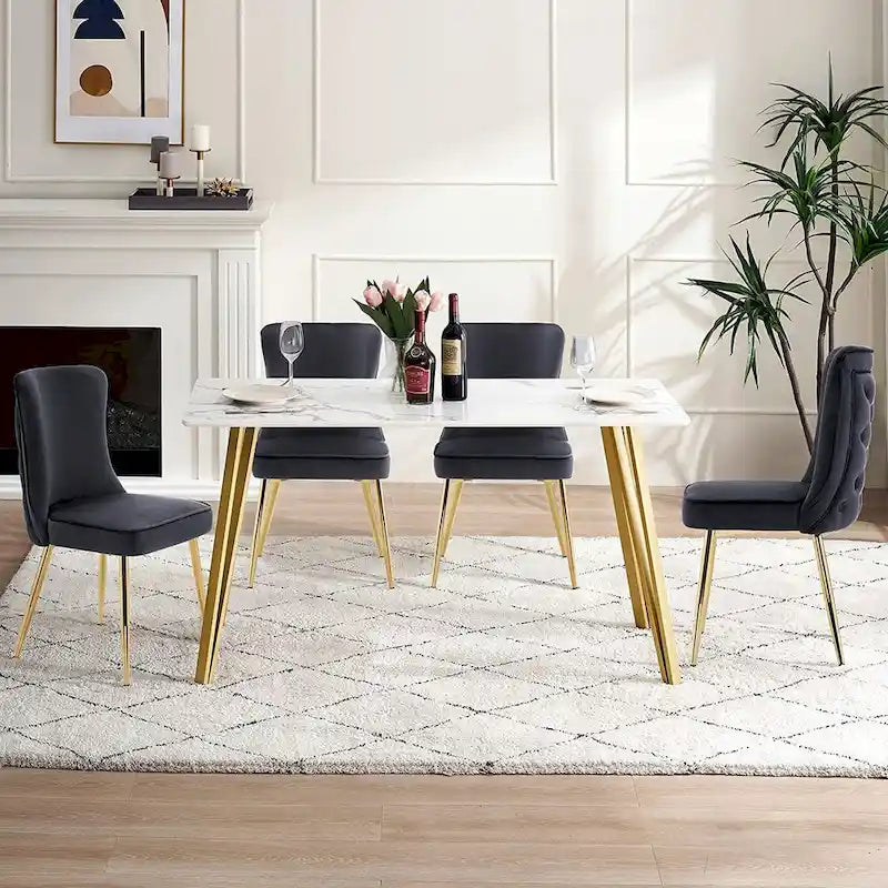 Chaises de salle à manger à dossier haut avec boutons capitonnés en velours et pieds en métal doré (lot de 2)