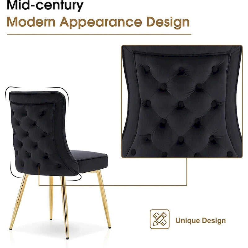 Chaises de salle à manger à dossier haut avec boutons capitonnés en velours et pieds en métal doré (lot de 2)