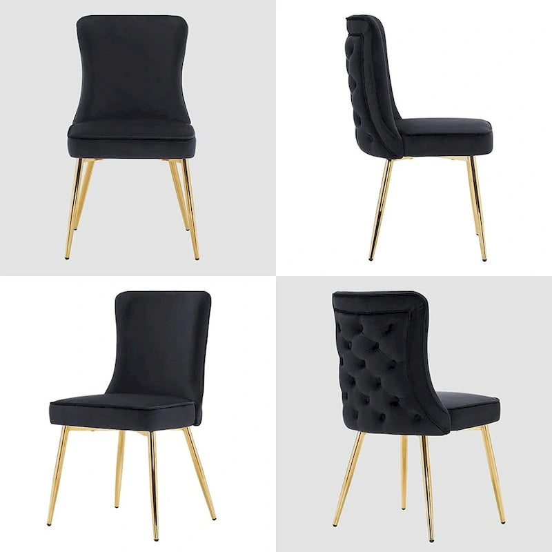 Chaises de salle à manger à dossier haut avec boutons capitonnés en velours et pieds en métal doré (lot de 2)