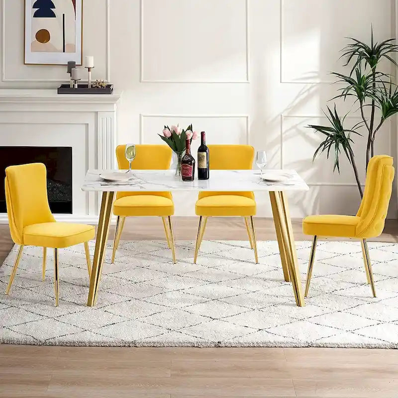 Chaises de salle à manger à dossier haut avec boutons capitonnés en velours et pieds en métal doré (lot de 2)