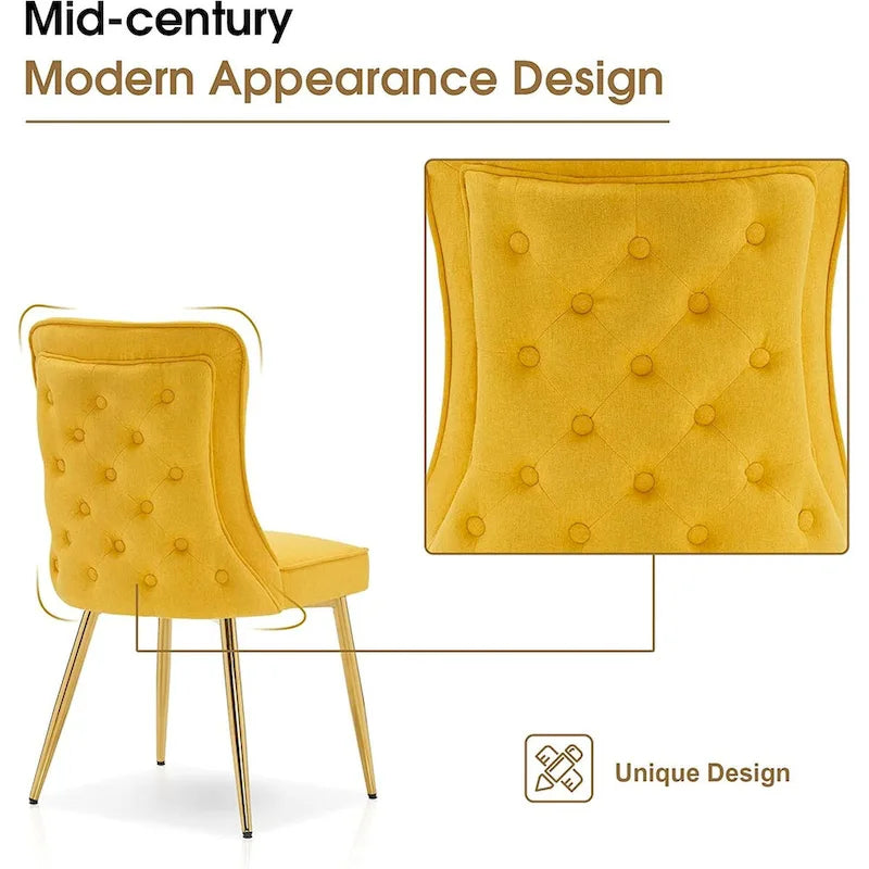 Chaises de salle à manger à dossier haut avec boutons capitonnés en velours et pieds en métal doré (lot de 2)