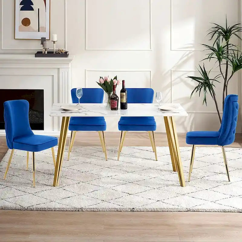 Chaises de salle à manger à dossier haut avec boutons capitonnés en velours et pieds en métal doré (lot de 2)