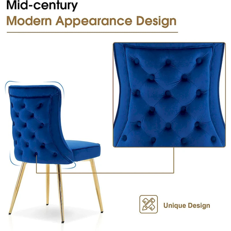 Chaises de salle à manger à dossier haut avec boutons capitonnés en velours et pieds en métal doré (lot de 2)