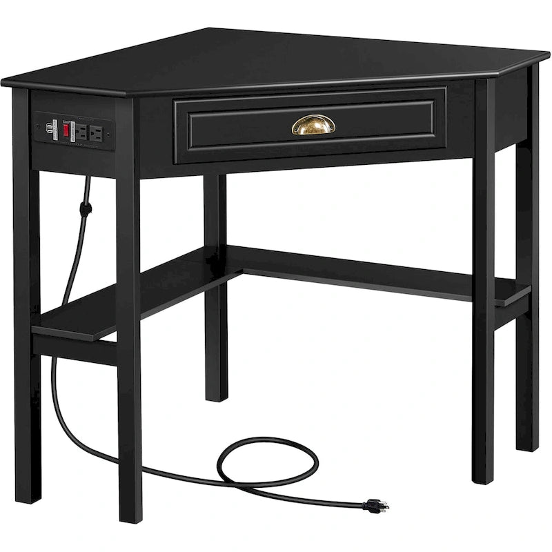 L-Shaped Corner Computer Desk with Built-In Power Outlet, Drawer, and Shelves