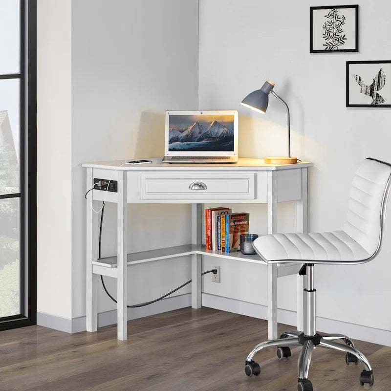L-Shaped Corner Computer Desk with Built-In Power Outlet, Drawer, and Shelves