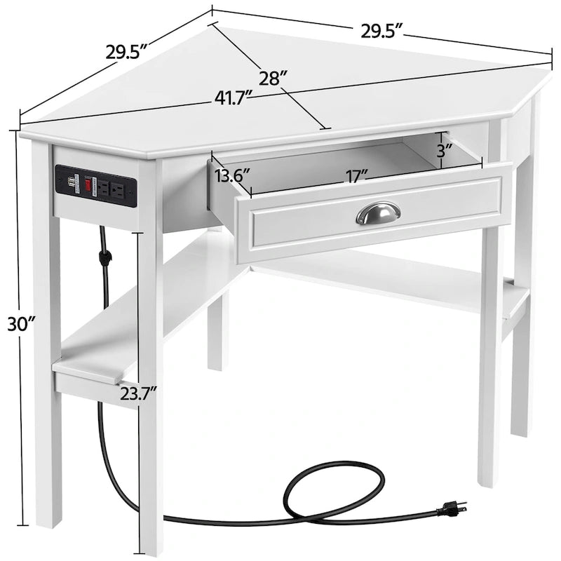 L-Shaped Corner Computer Desk with Built-In Power Outlet, Drawer, and Shelves
