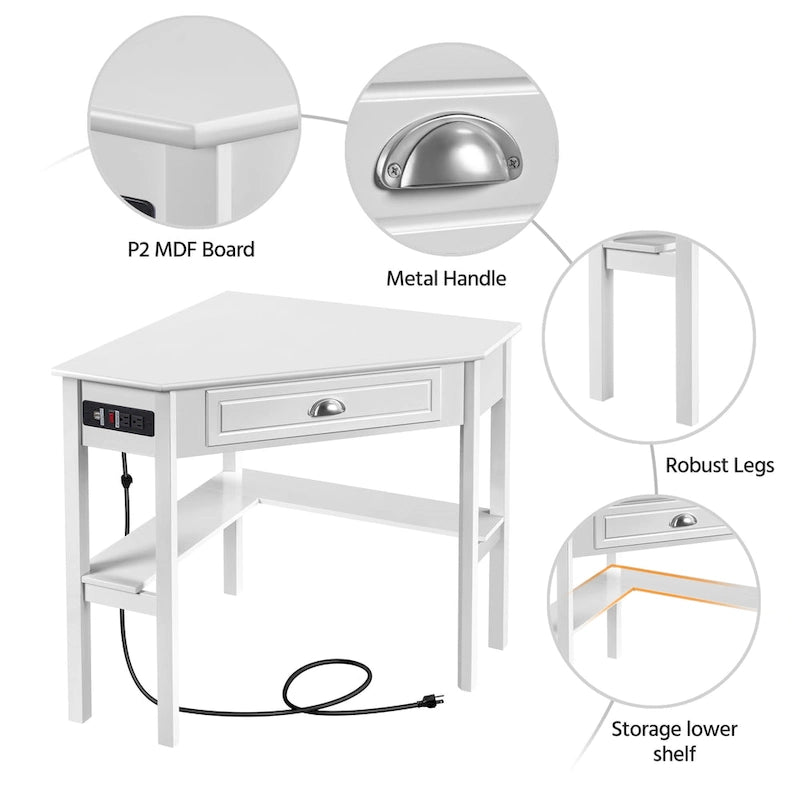 L-Shaped Corner Computer Desk with Built-In Power Outlet, Drawer, and Shelves