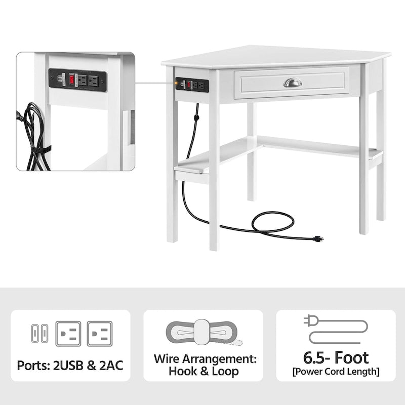 L-Shaped Corner Computer Desk with Built-In Power Outlet, Drawer, and Shelves