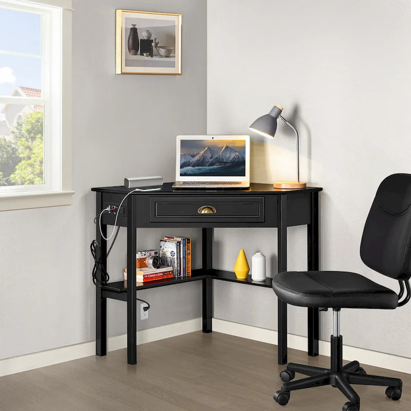 L-Shaped Corner Computer Desk with Built-In Power Outlet, Drawer, and Shelves